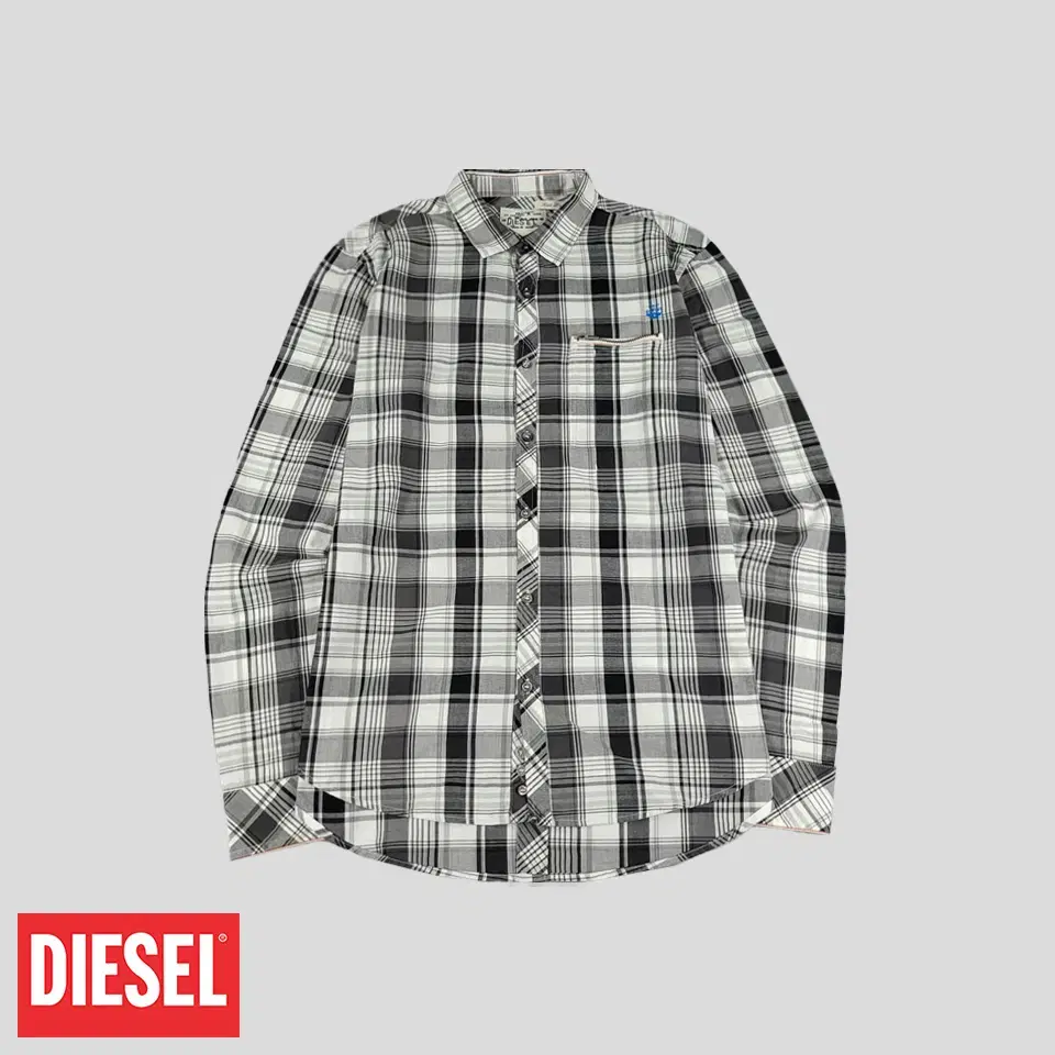 DIESEL 디젤 화이트 블랙 타탄체크패턴 지퍼 체스트포켓 코튼100 남